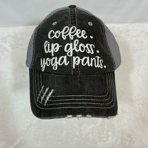 Trucker Hat Reads  “Coffee Lip Gloss Yoga Pants “